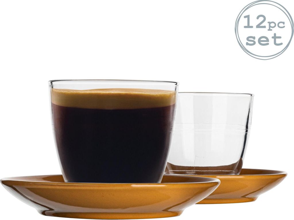 Duralex 12 Stück Gigogne Glas Kaffeetasse und Keramik Untertasse Set - Modern Style Tumbler-Becher für Latte Cappuccino - Gelb - 220ml