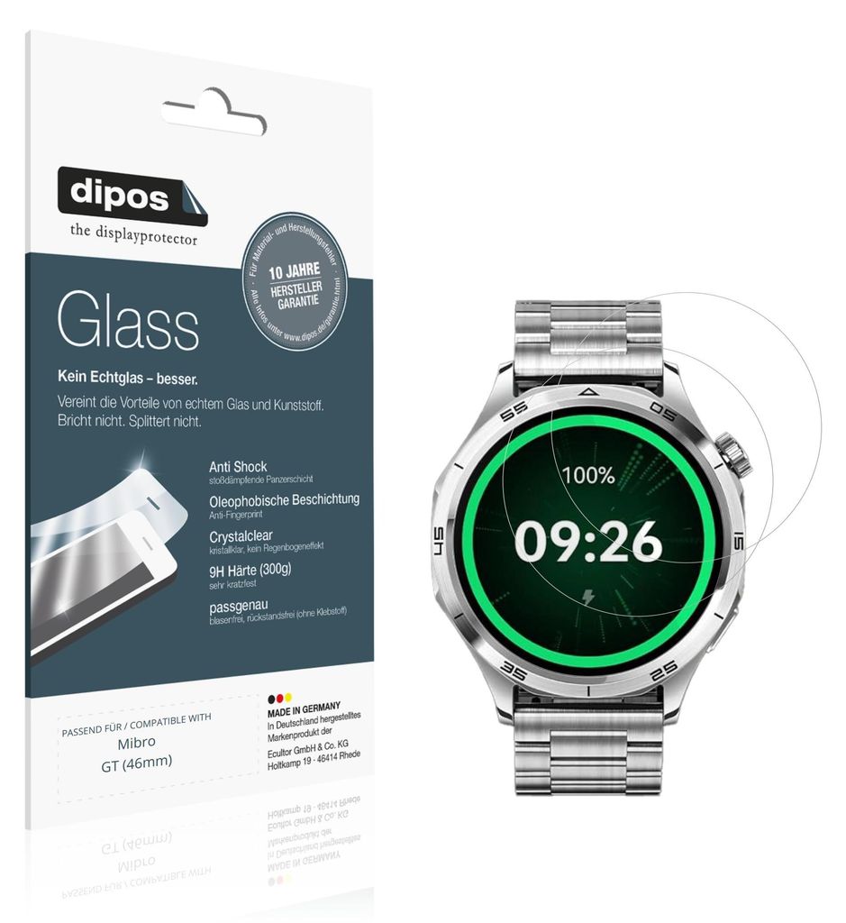 2x Schutzfolie für Mibro GT (46mm) - Anti-Shock 9H Folie dipos Glass Kunststoffglas