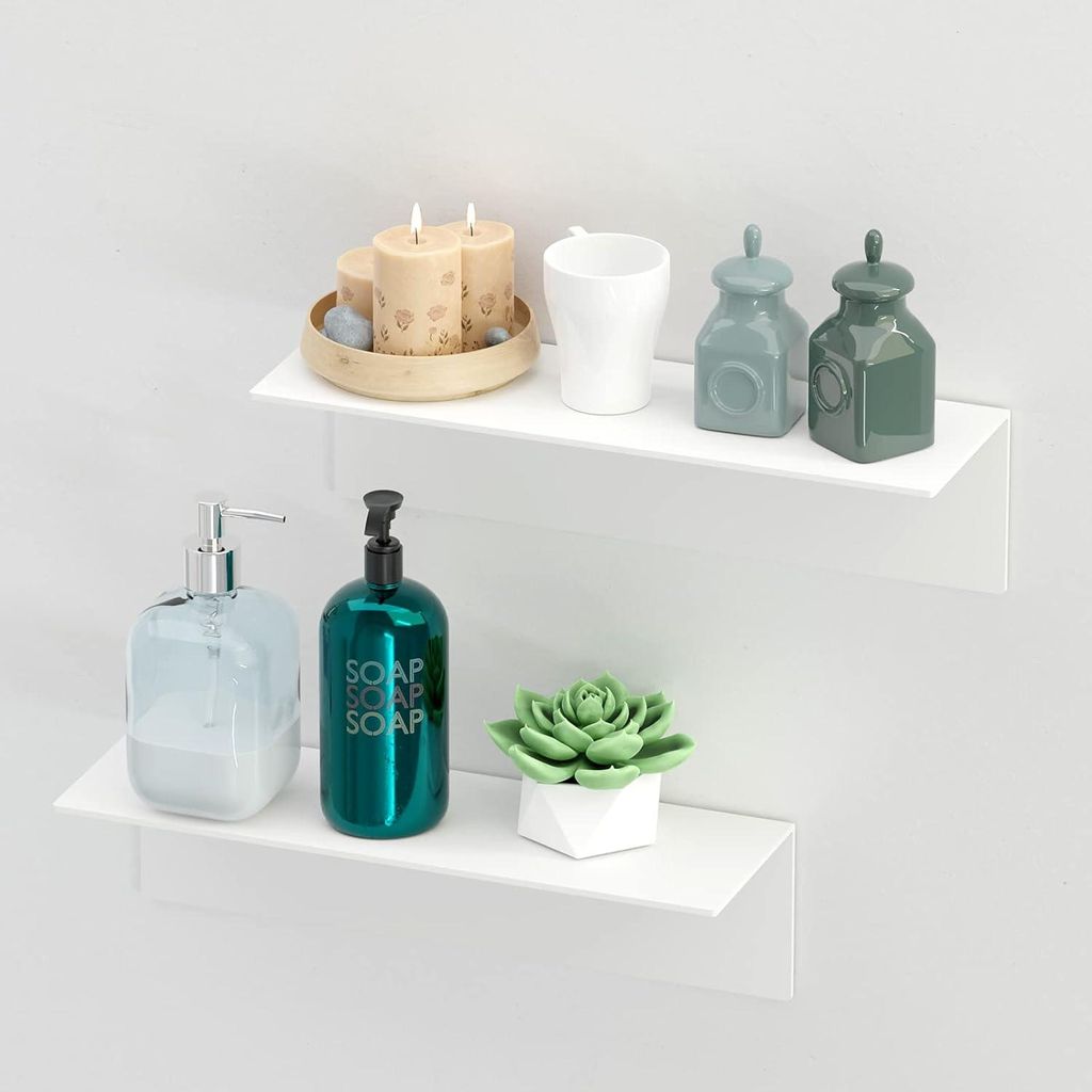 Weißes Wandregal Set von 2 - Selbstklebende Regale für Badezimmer, Wohnzimmer, Küche und Büro - Schwebendes Regal ohne Bohren - 40 cm breit