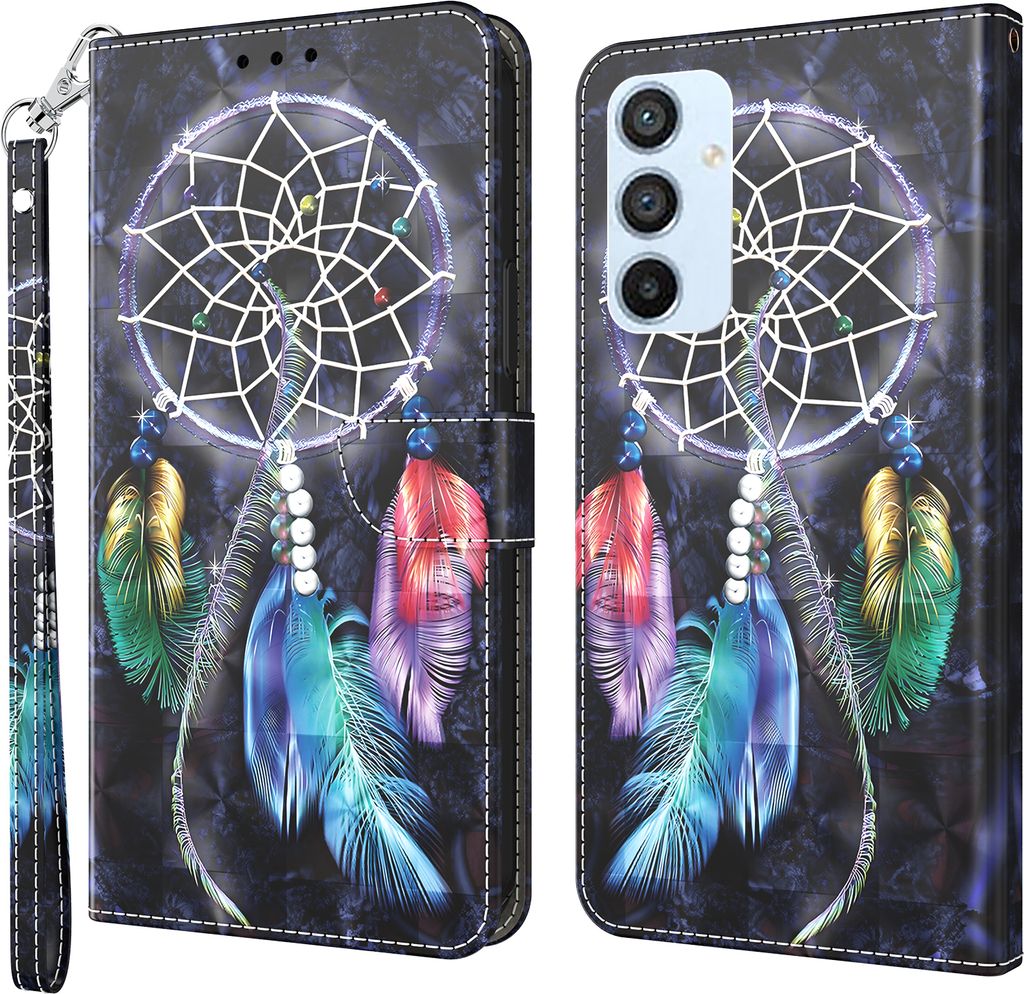 CLM-Tech Hülle kompatibel mit Samsung Galaxy A54 5G - Tasche aus Kunstleder - Klapphülle mit Ständer und Kartenfächern, Traumfänger schwarz bunt