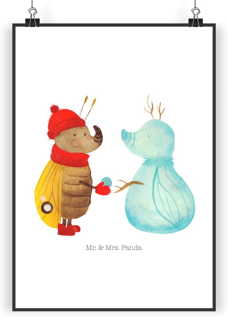 Mr. & Mrs. Panda Bild Nachtfalter Schneemann DIN A3 - Weiß - Geschenk, Weihnachtsgruß, Weihnachten, Winter, Plakat, Schnee, wanddeko, Wandbild, d...