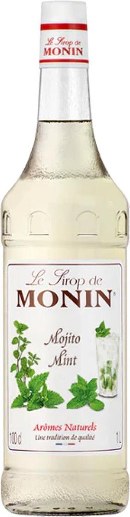 A bottle of Monin Mojito Mint syrup on a white background.