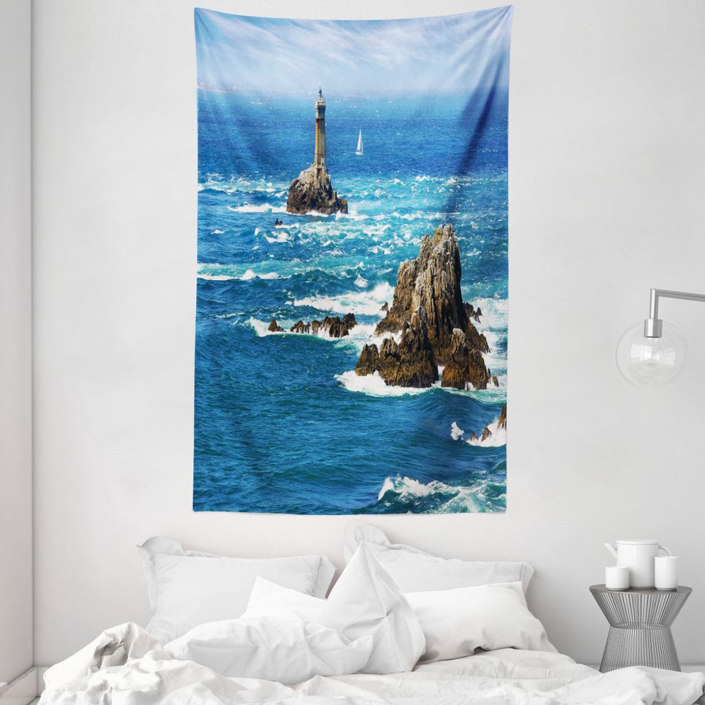ABAKUHAUS Ozean Wandteppich und Tagesdecke, Tagsüber Wellig Rocky Meer aus Weiches Mikrofaser Stoff Waschbar ohne Verblassen Digitaldruck, 140 x 2...