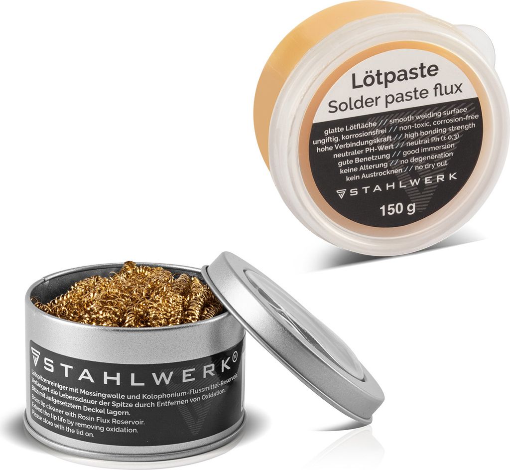 STAHLWERK Lötzubehör Set mit Lötkolbenspitzen-Reiniger, Lötpaste & Lötpaste