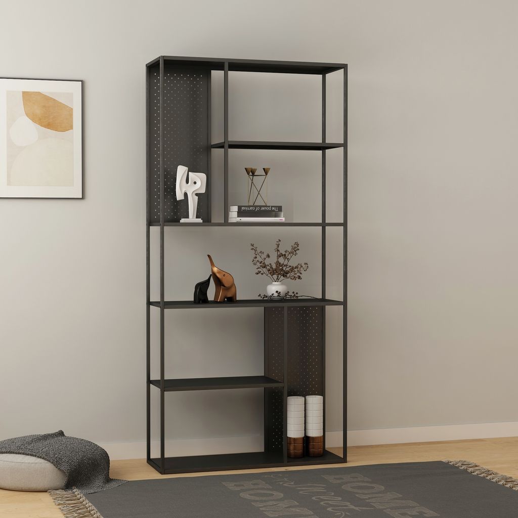 A tall, black metal shelving unit with multiple shelves, displaying decorative items and books, placed against a light gray wall.