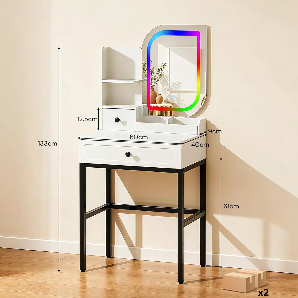 Coiffeuse avec miroir LED intégré et tiroir de rangement, design compact - 2