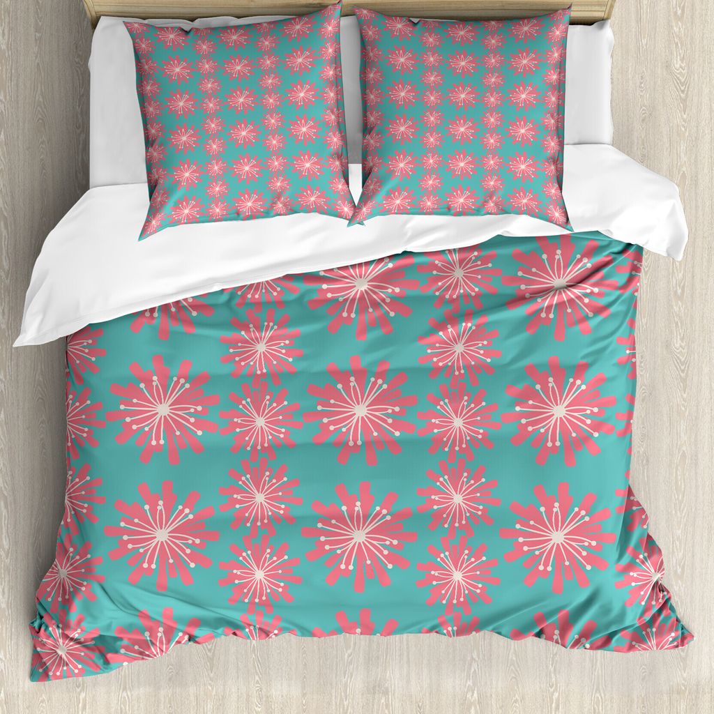ABAKUHAUS Draussen Bettbezug, Lively Garten, Milbensicher Allergiker geeignet mit Kissenbezügen, 155 cm x 220 cm - 80 x 80 cm, Teal Pink Weiß