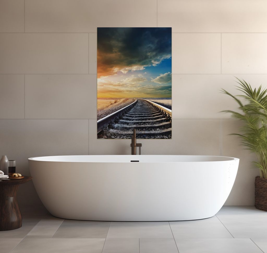 Wallario wasserfestes Poster selbstklebend 91,50 x 61 cm, Bahnschienen ins Ungewisse, Badezimmerposter Spritzschutz mit Hochglanzoberfläche in Gla...