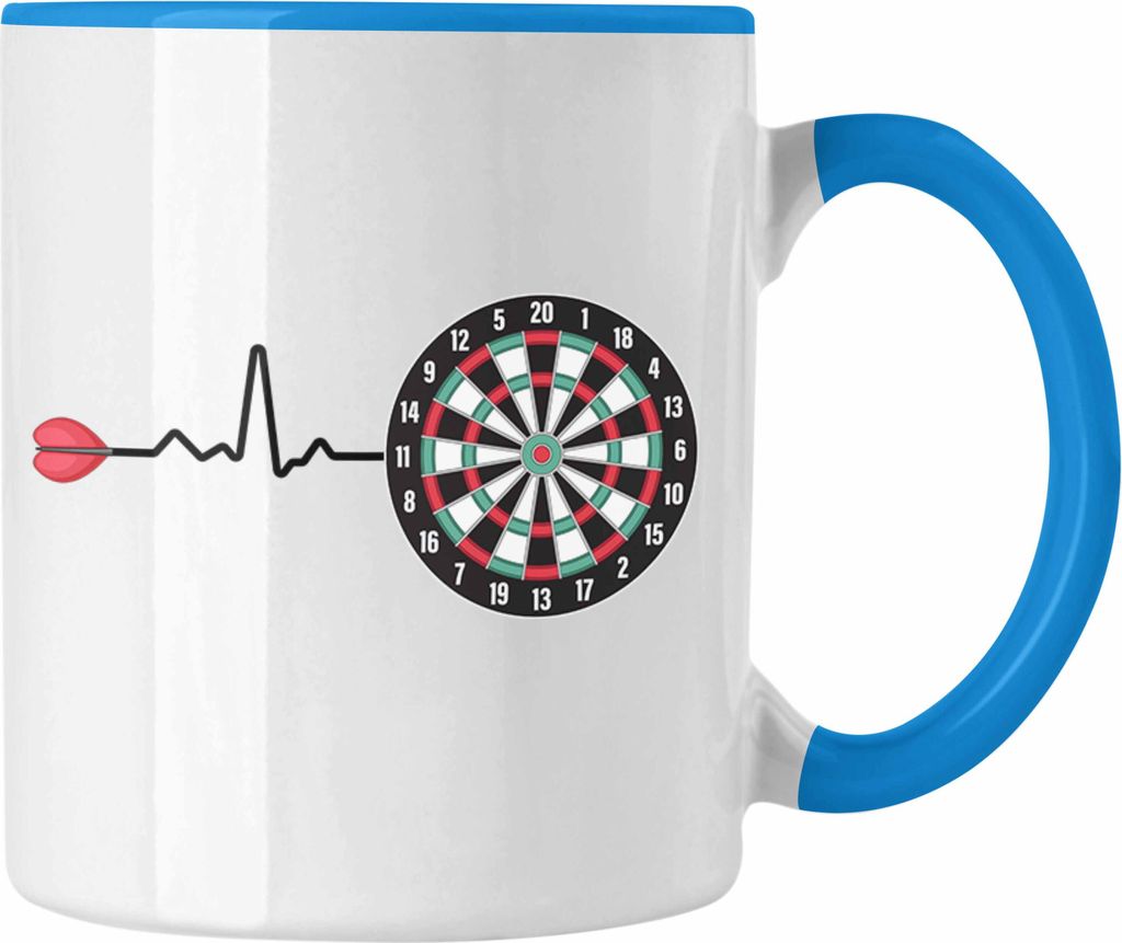 Trendation - Dart Herzschlag Geschenk Tasse Kaffeetasse Dartspieler Geschenkidee Darts Geschenke für Männer Frauen (Blau)
