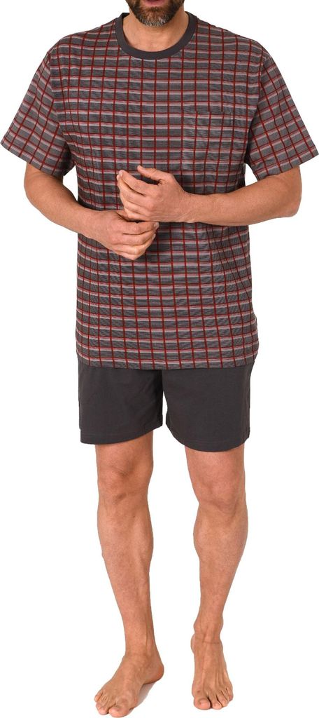 Herren Pyjama Shorty kurzarm Schlafanzug in edler Karo Optik - auch in Übergrössen ; rot , 48