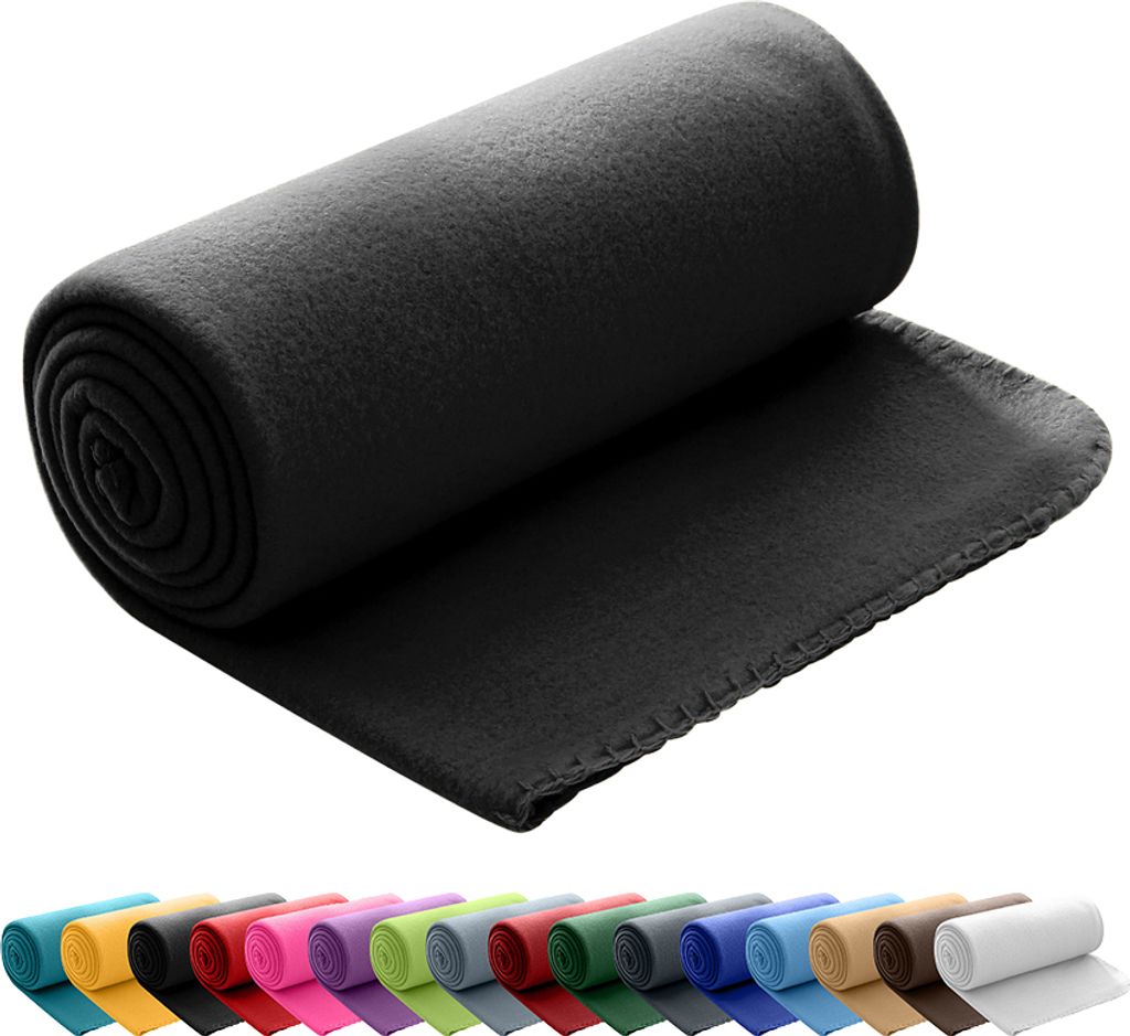 A rolled-up black fleece blanket is shown on a white background. Below the blanket, a row of rolled-up blankets in various colors is displayed.