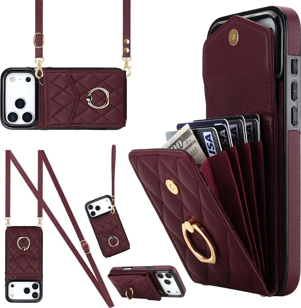 Crossbody Kunstleder Hülle für Apple iPhone 17 Pro mit Rhombic Muster & RFID Kartenfach Weinrot