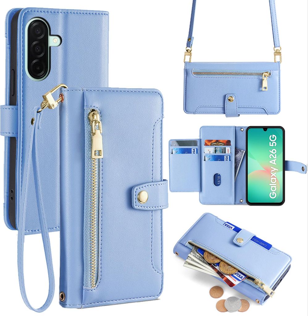 Handykette für Samsung Galaxy A26 Hülle mit Band Handyhülle Kartenfächer Kunstleder Umhängetasche in Hellblau