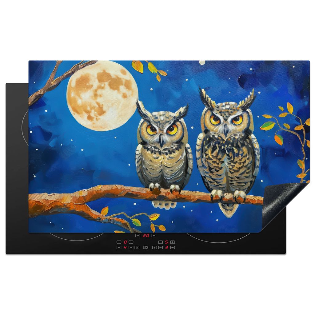 KitchenYeah Herdabdeckplatte Eulen - Malansicht - Natur - Nacht , 83x51cm, Küche Deko, Glaskeramikkochfeld Herdabdeckung, Abdeckplatte fùr Koch...