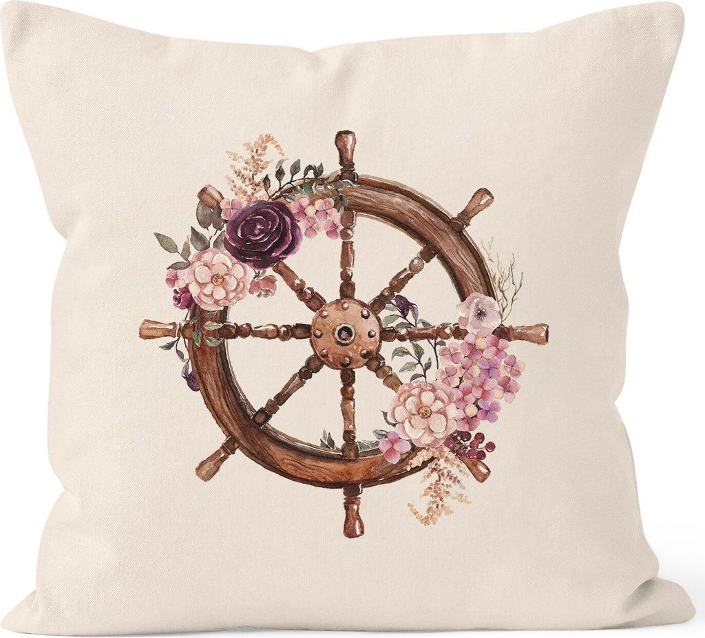 Kissenbezug Steuerrad Blumen Wasserfarben Watercolor Kissen-Hülle Deko-Kissen Baumwolle Autiga natur unisize