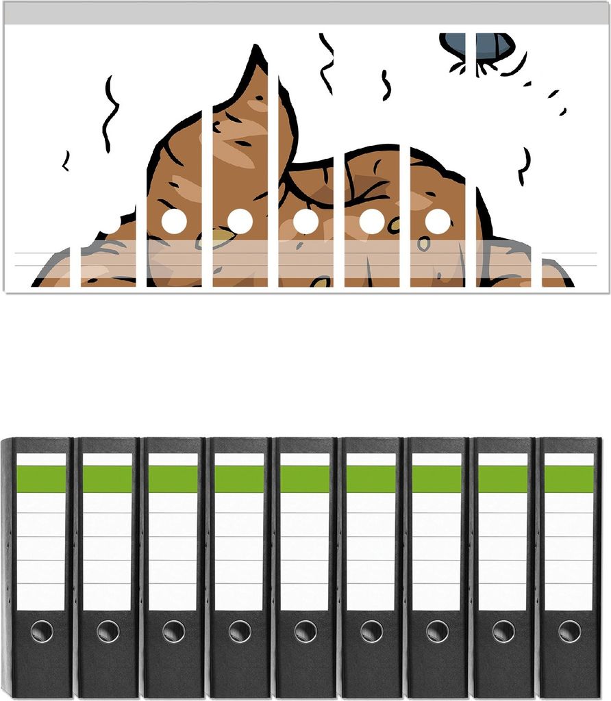 Wallario 9 Stück breite Ordner inkl. Klebeetiketten mit Motive Comic Scheißhaufen mit Fliegen - Set mit Rückenschildern / Ordnerrücken Stickern