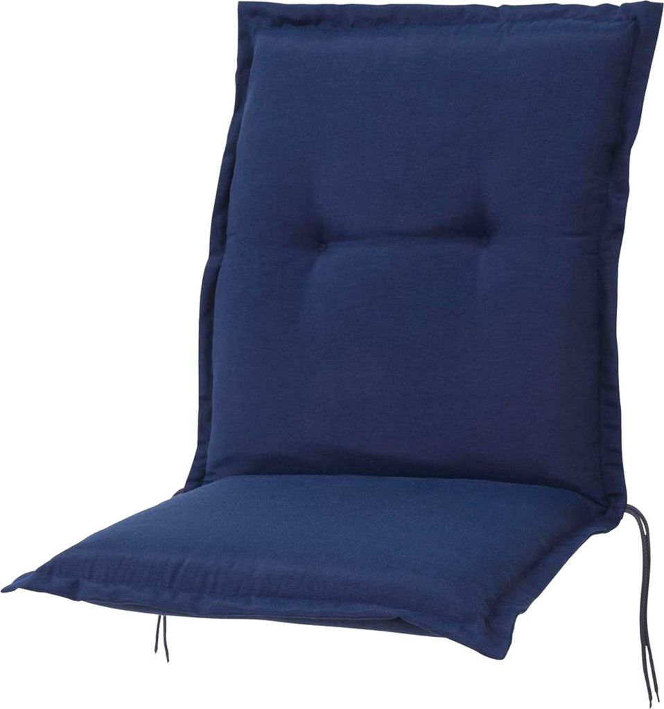 A dark blue chair cushion is shown against a white background.