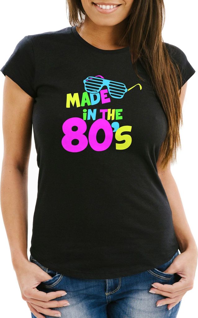 Damen T-Shirt Geburtstag the 80's Retro Eighties Achtziger Geschenk Fun-Shirt Slim Fit Moonworks schwarz S