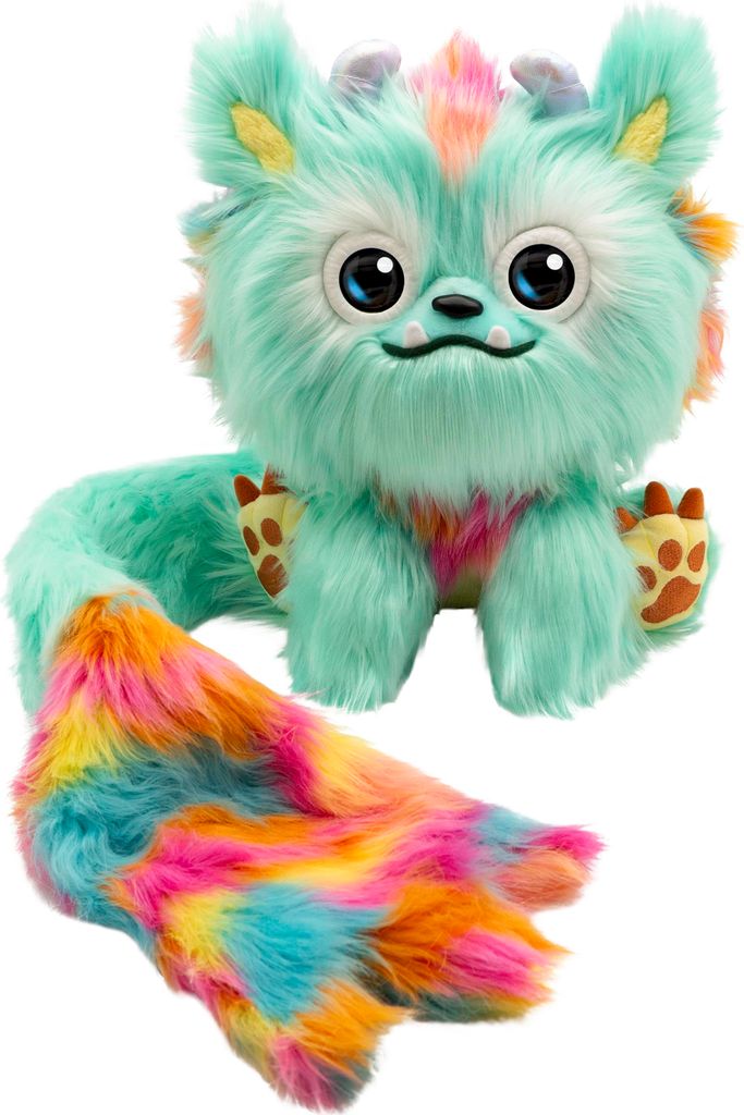 A plush toy dragon with a rainbow-colored tail.