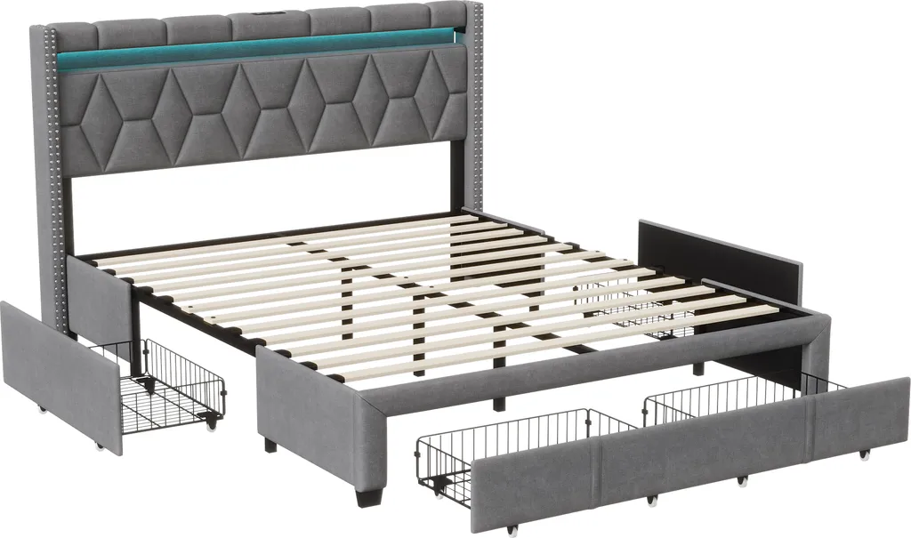 Lit 160x200 cm : Solution gain de place avec 4 tiroirs et LED intégrées - 7