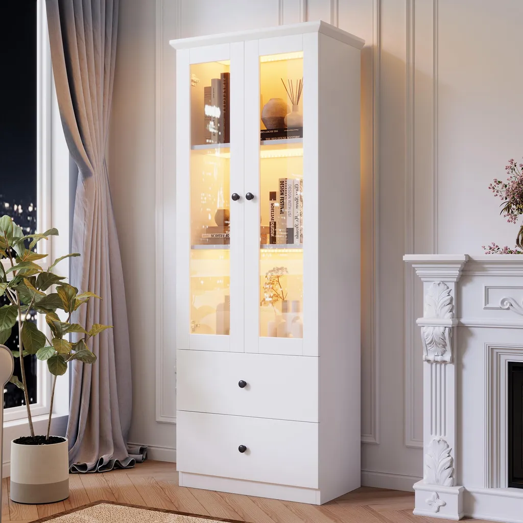 Armoire de Salon Vitrée avec LED et USB, Vitrine Moderne à 2 Tiroirs
