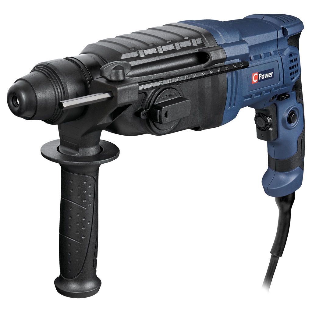A blue and black rotary hammer drill is shown against a white background.
