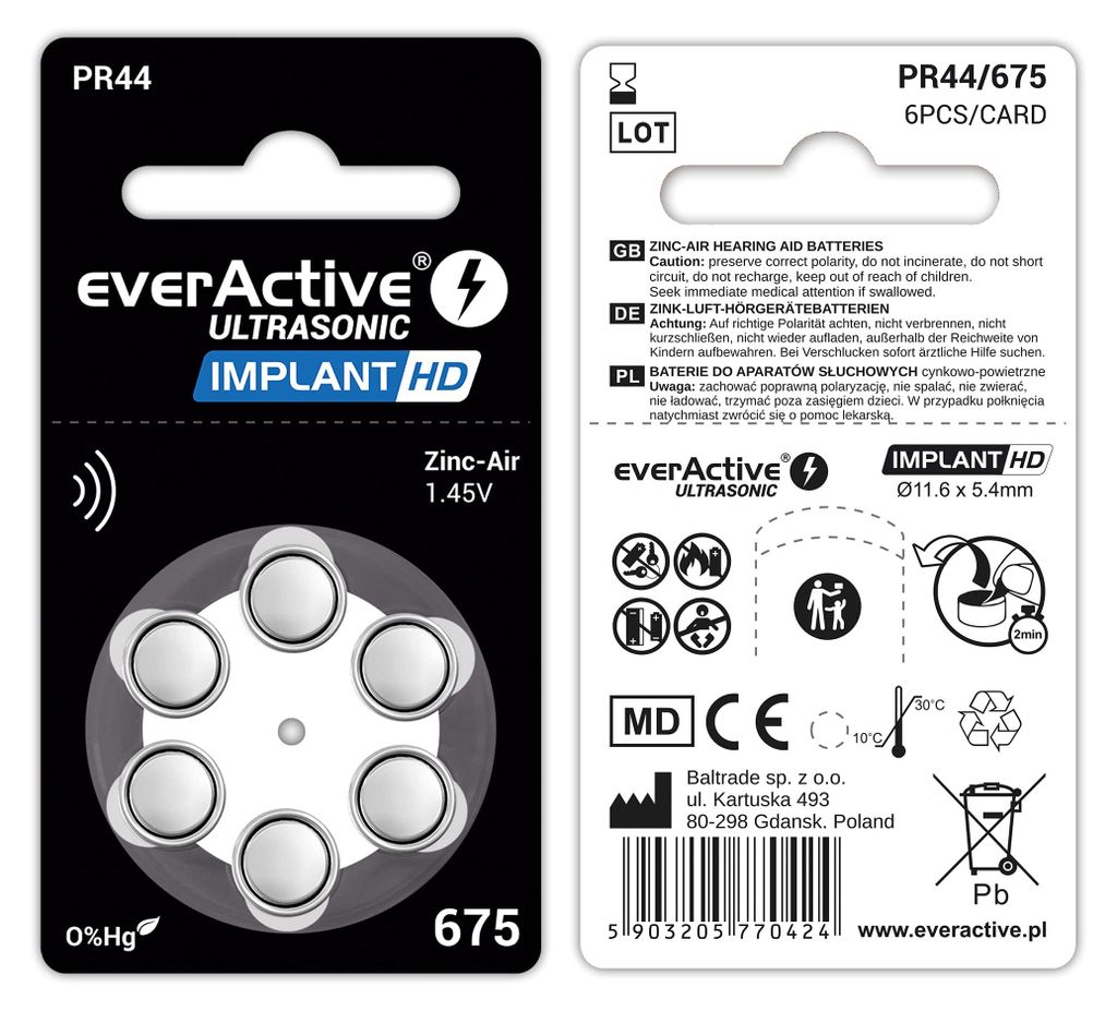 6 piles pour appareils auditifs everActive ULTRASONIC Image du produit 