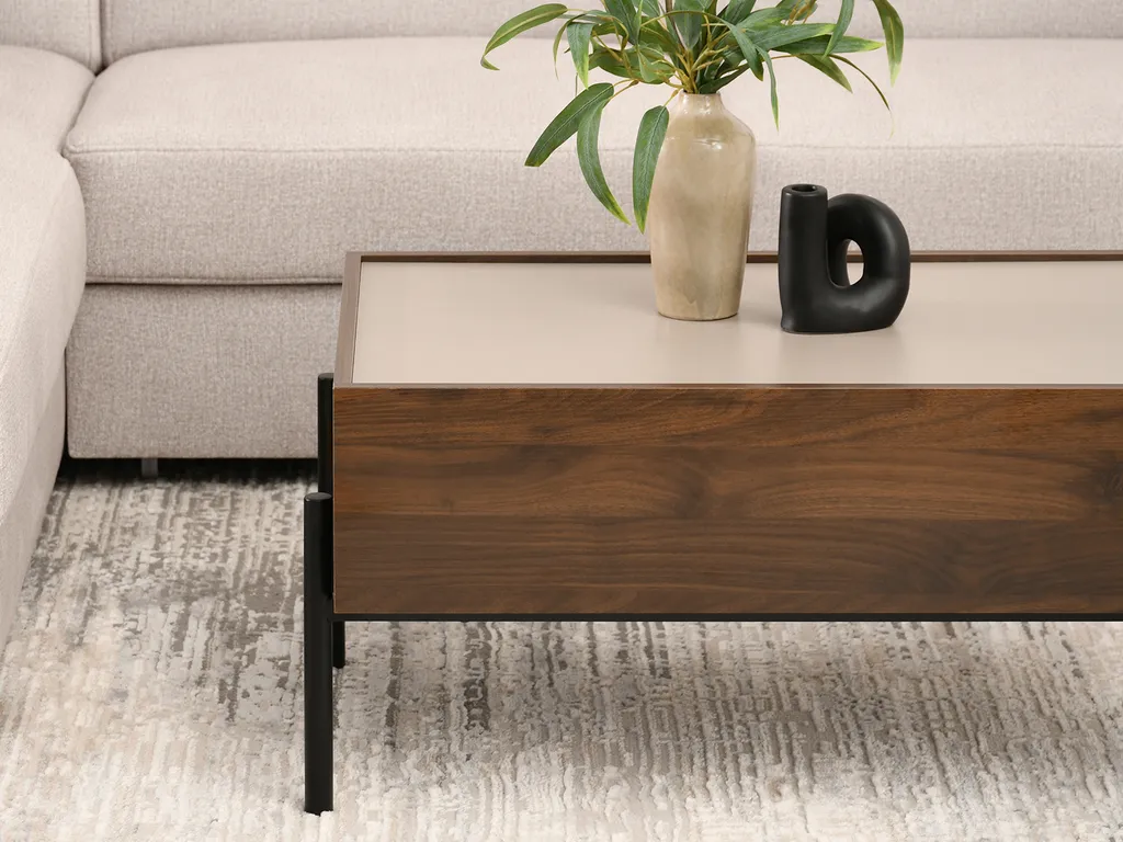 Table basse rectangulaire en bois de noyer et tiroir couleur beige - 6