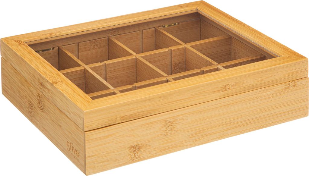 A wooden tea box with multiple compartments and a clear lid.