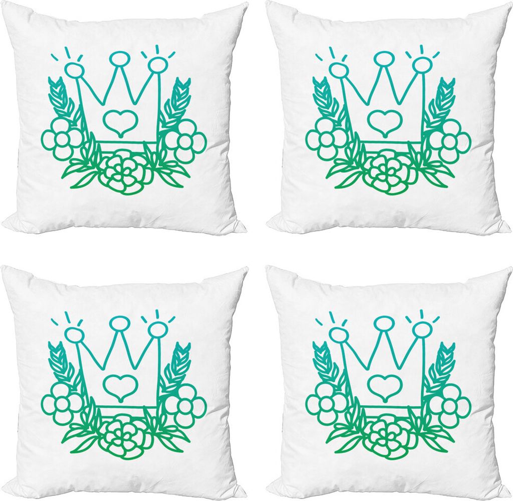 ABAKUHAUS Königtum Kissenbezug Set (4 Stück), Majestic Crown und Blumen, Moderner Doppelseitiger Digitaldruck, 50 cm x 50 cm, Jade Green Sea Blau