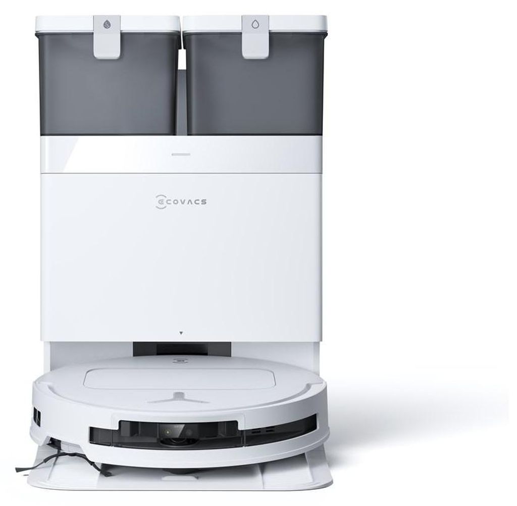 A white robot vacuum cleaner with two gray dustbins on top, presented on a white background.