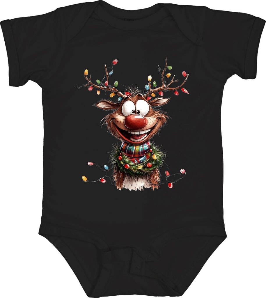 Weihnachtsrentier Lichterkette rote Nase lustig kariert Geschenk Unisex Baby Body, Schwarz, 0/3