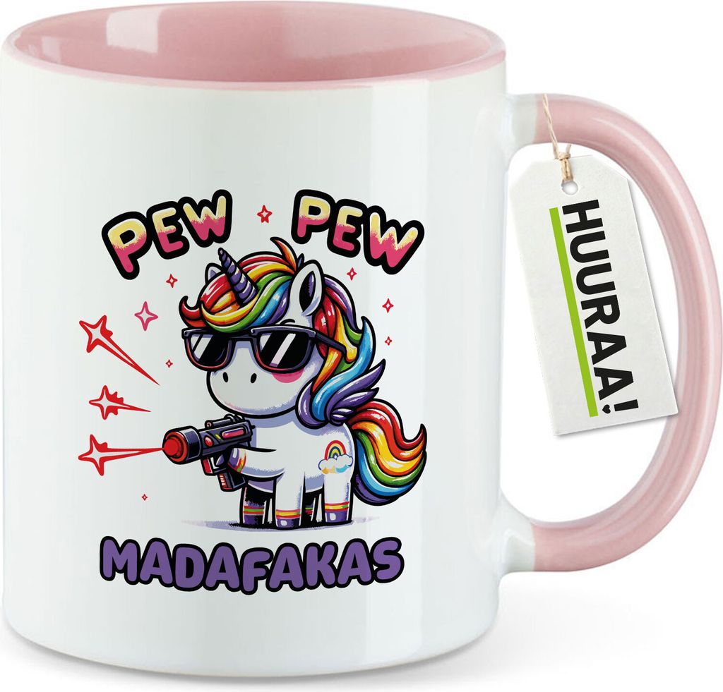 Huuraa Kaffeetasse Pew Pew cooles Einhorn 330ml Rosa Produktbild 
