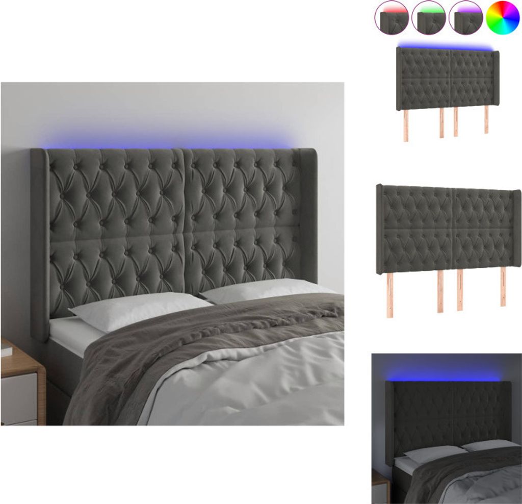 vidaXL LED Kopfteil Dunkelgrau 147x16x118/128 cm Samt - Kopf- & Fußenden