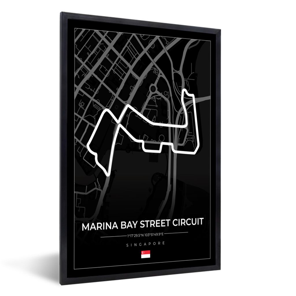MuchoWow Gerahmtes Poster Rennsport - Sport - Rennstrecke - Singapur - Marina Bay Street Circuit - Schwarz 20x30 cm - Poster mit Schwarzem Bilder...