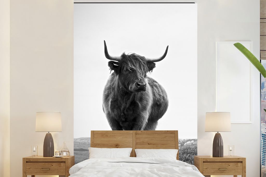 MuchoWow Fototapete für Wohnzimmer oder Schlafzimmer Wandtapete Vinyl Motivtapete Tiere - Schottische Hochlandbewohner - Schwarz und weiß - Nat...