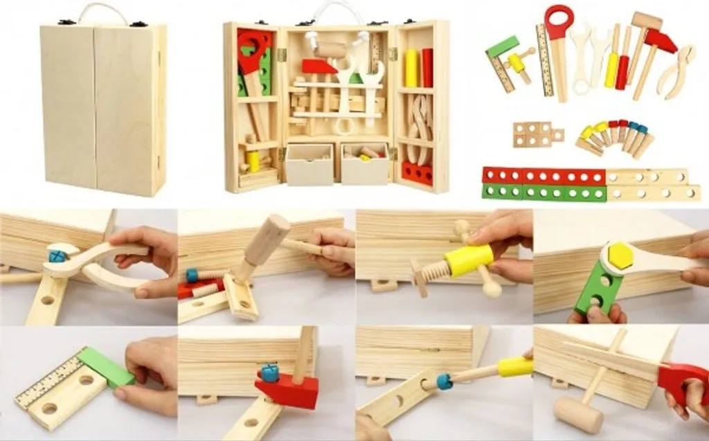 Mallette de Bricolage Teddies Wood Tools en Bois avec 30 Accessoires