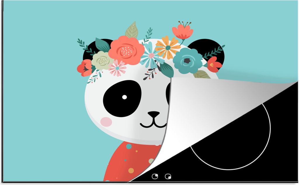 KitchenYeah Herdabdeckplatte Panda - Blumengirlande - Blau , 81x52cm, Küche Deko, Glaskeramikkochfeld Herdabdeckung, Abdeckplatte fùr Kochfeld