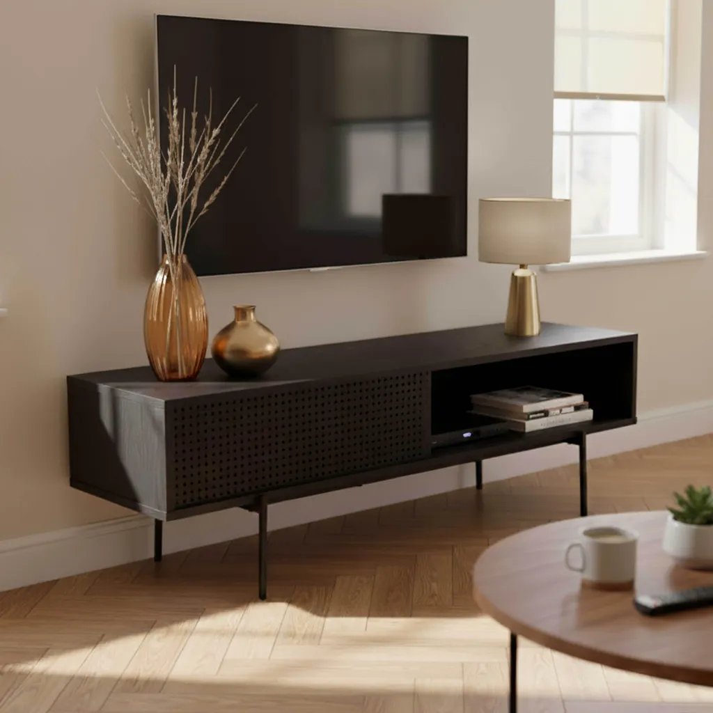 Meuble TV bois et noir 140 cm Logan Oviala avec niches de rangement