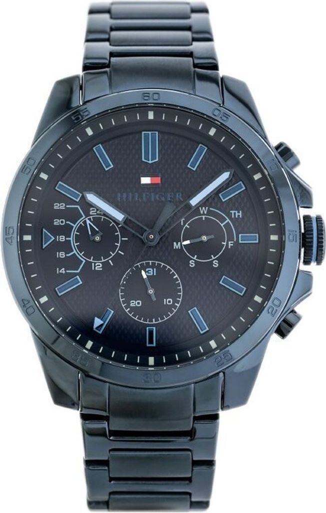 A close-up, front-facing studio shot of a Tommy Hilfiger men's watch against a white background.