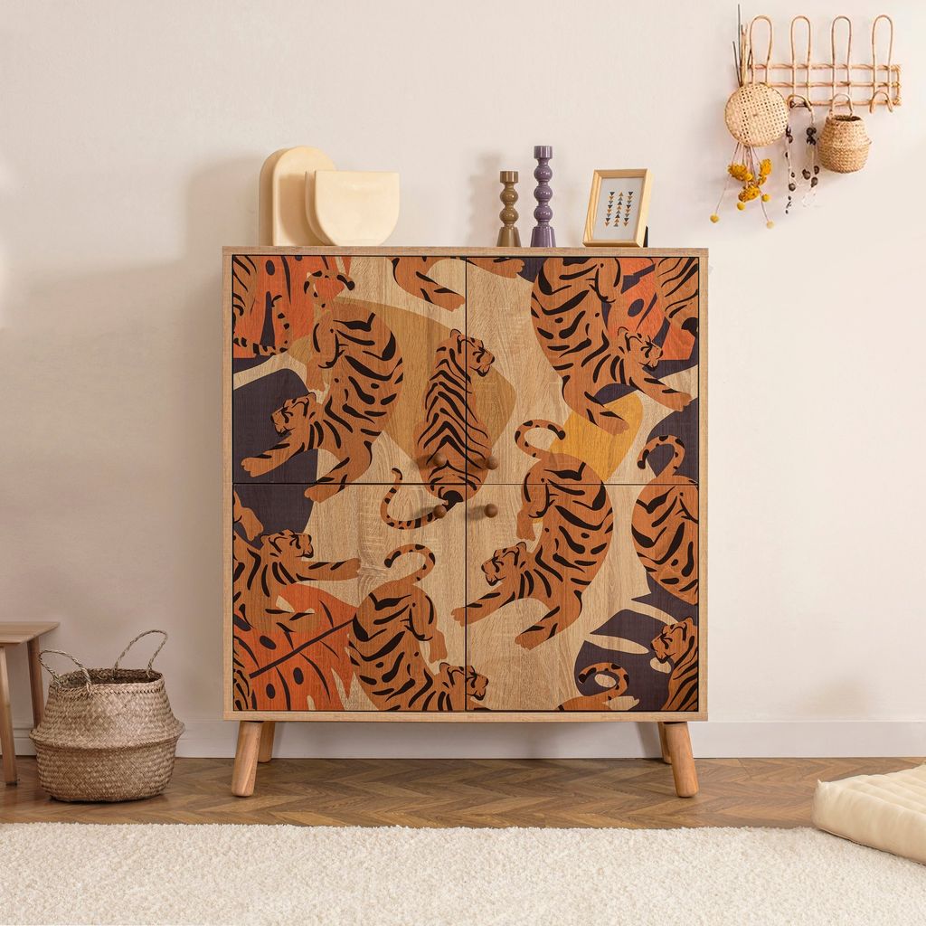 A cabinet with a tiger print design in a room setting.