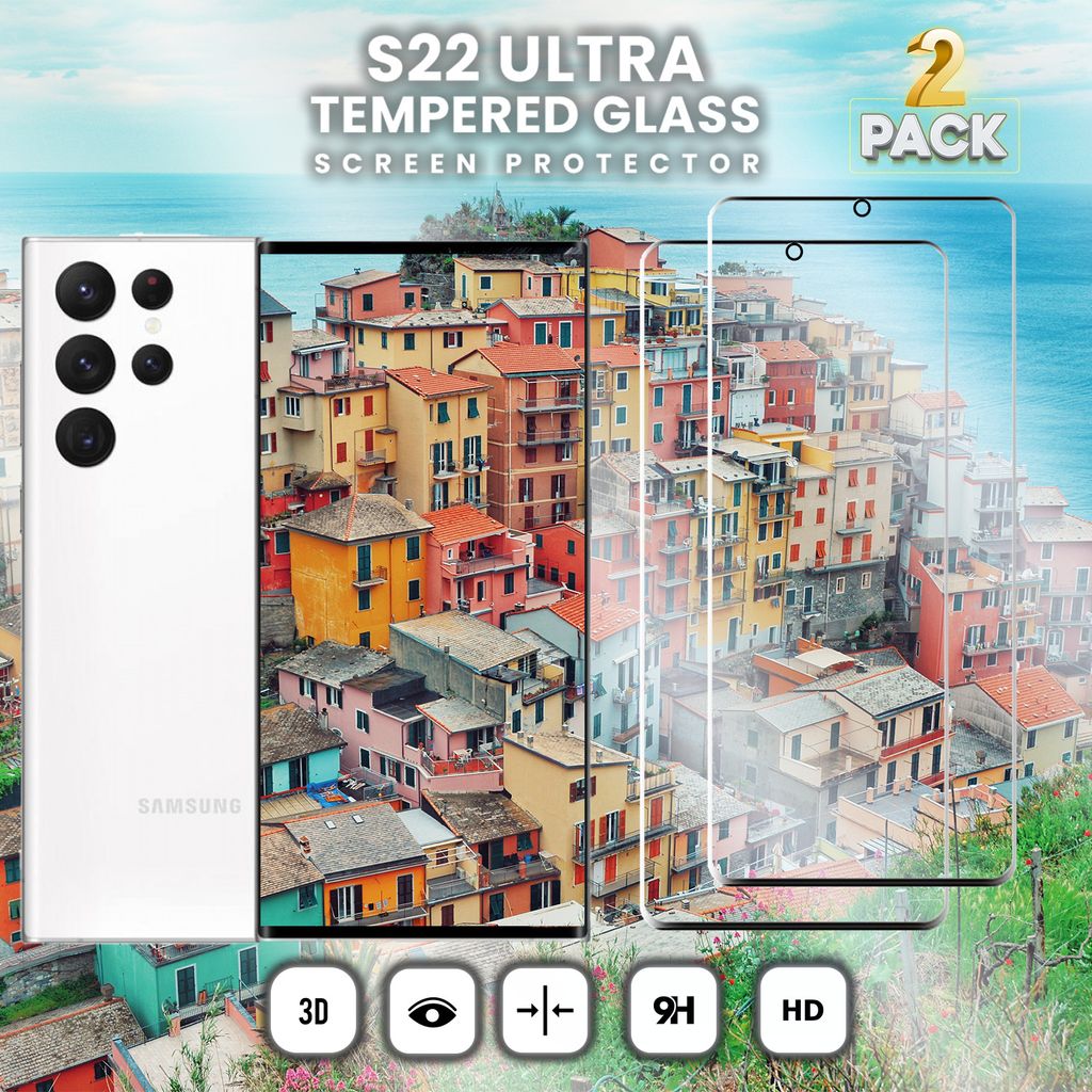 A white Samsung S22 Ultra phone and two clear screen protectors are shown in front of a colorful village scene by the sea.