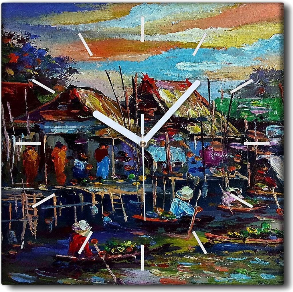 Coloray Uhr auf Leinwand 30x30 cm Wand Uhr Dekoration Wohnzimmer Segeltuch weiße Zeiger -Flusslandschaft. Dorf
