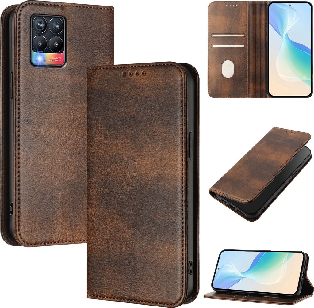 Handyhülle für Realme 8 Pro/Realme 8 4G, Vintage Leder RFID Schutz Kartenfach Standfunktion Magnetische Klapphülle Braun