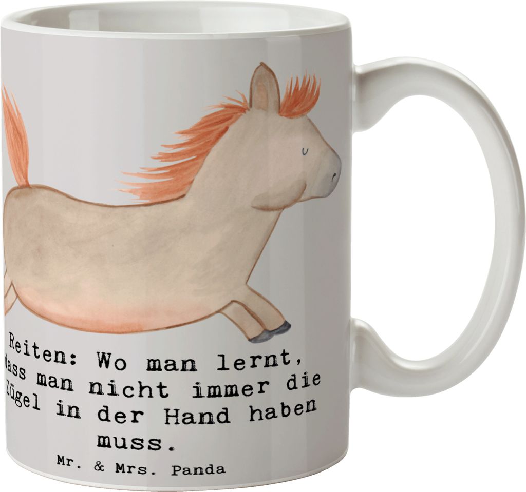 Mr. & Mrs. Panda Tasse Reiten Freiheit - Grau Pastell - Geschenk, Sportler, Teetasse, Geschenke, Dressur, Pott, Kaffeebecher, Kontrolle, Kaffeetass...