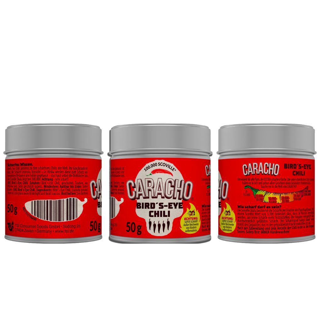 CARACHO 3er Pack x 50g Bird Eye Chiliflocken - 100% Extrem Scharf - Chillipulver in Metal Gewürz Dose/Scoville: 100.000-200.000