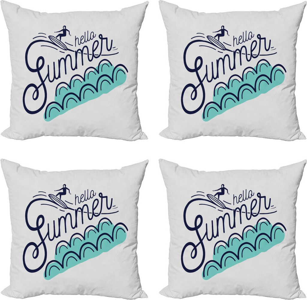 ABAKUHAUS Strand Saying Kissenbezug Set (4 Stück), Hallo Sommer-Beschriftung, Moderner Doppelseitiger Digitaldruck, 45 cm x 45 cm, Blassblau Marin...