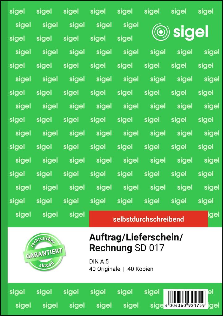 SIGEL SD017 Kombinationsbuch, Auftrag/Lieferschein/Rechnung, 1. und 2. Blatt bedruckt, A5, selbstdurchschreibend, 2 x 40 Blatt