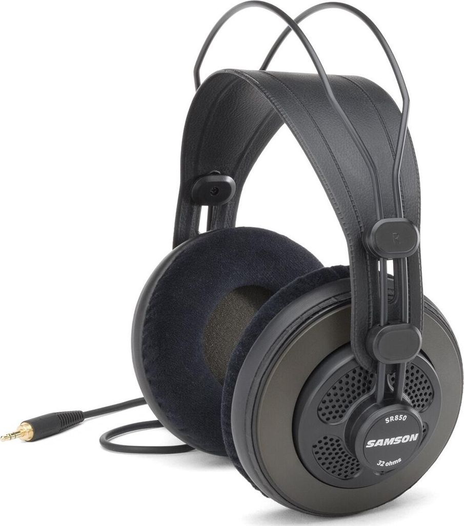 A studio shot of a pair of black Samson SR850 headphones against a white background.