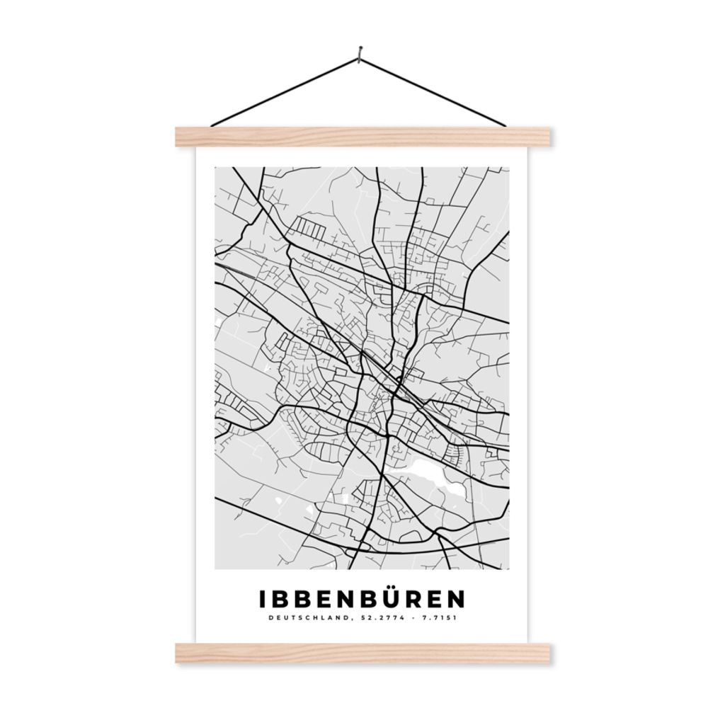 MuchoWow Textilposter Deutschland - Karte - Ibbenbüren - Stadtplan 40x60 cm mit holzfarbenen Rahmen - Poster